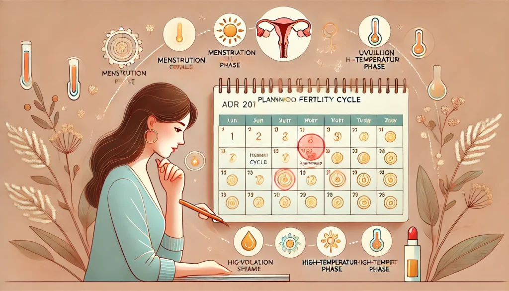 生理周期を意識してカレンダーを見ながらよもぎ蒸しのスケジュールを立てている女性の様子。排卵期や高温期などがアイコンで視覚的に示されている。