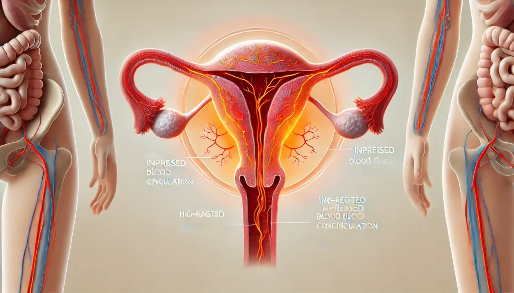 女性の骨盤周辺に温熱効果によって血流が促進されていることを示すビジュアル図。赤やオレンジの暖色で血流が強調され、妊活ケアの仕組みを視覚的に伝えている。