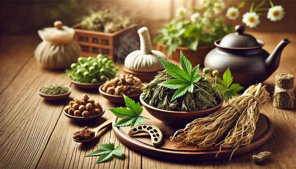 よもぎ、当帰、益母草などの漢方生薬とハーブが木のテーブルに並べられた自然派イメージ。温活に使われる素材の質感や色合いが丁寧に表現されている。